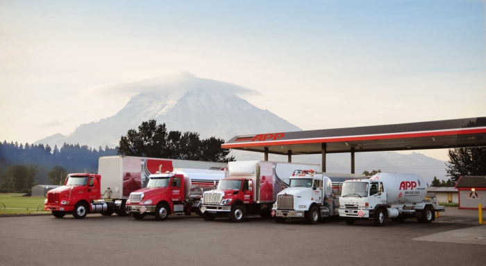 Vehicle fleet wtih Mt. Rainier in background | Associated Petroleum Products | Tacoma, Washington