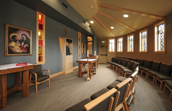 Architectural interior of sanctuary with balanced interior and exterior light | designed by BCRA | Shelton, WA