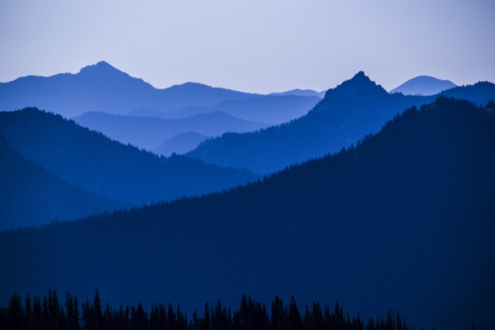 Cascade Mountains, blue in the morning light, from Mt. Rainier National Park, Washington State